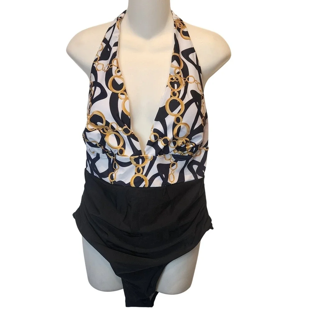 One Piece Swimsuit Womens XXL Black Gold Chain Link Halter Ruched Plunge